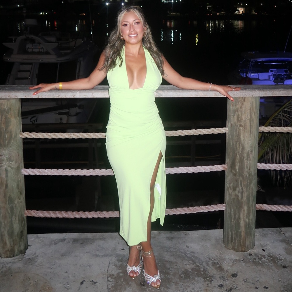 Zara | lime green draped halter dress